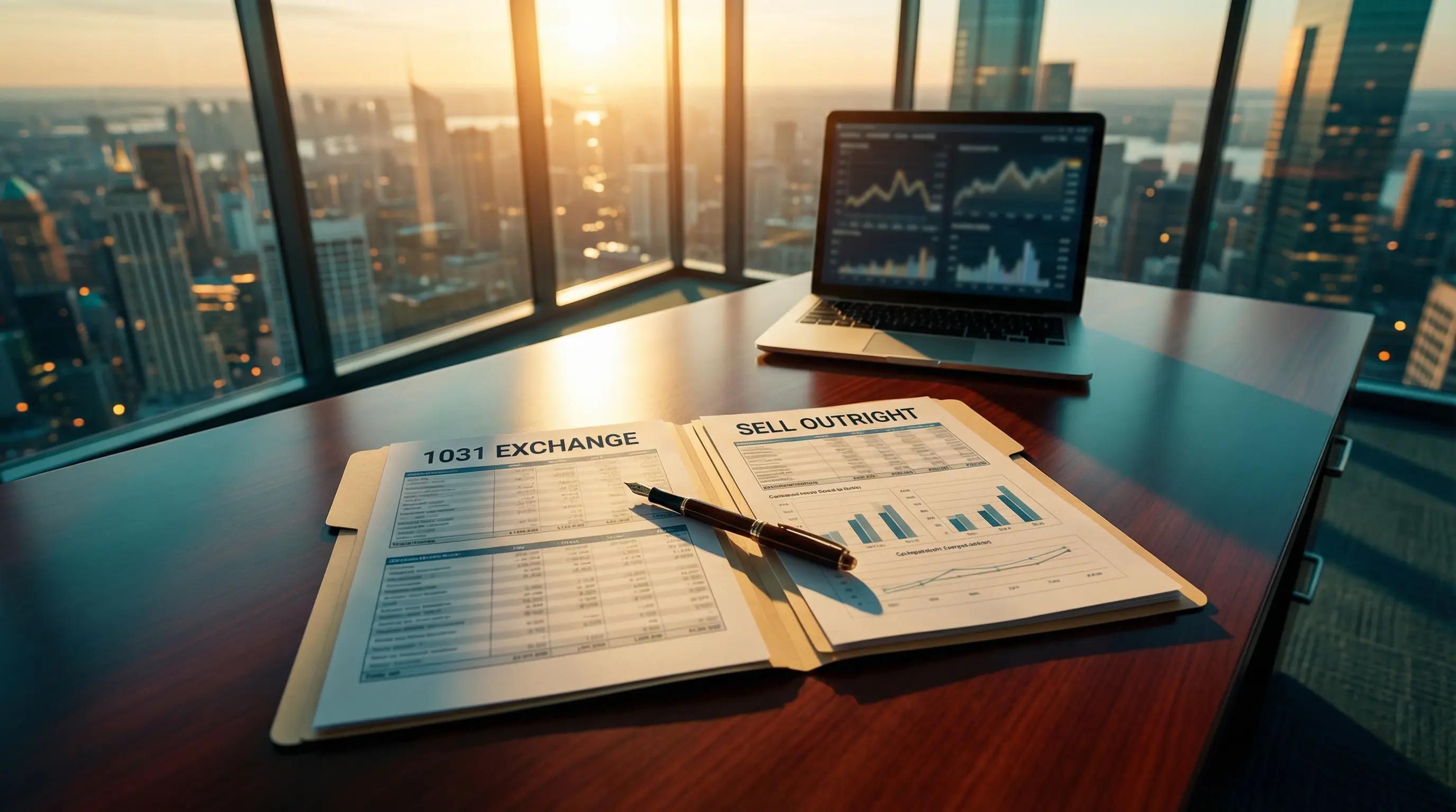 1031 exchange vs selling outright cost segregation comparison showing two financial analysis folders on desk with city skyline at golden hour