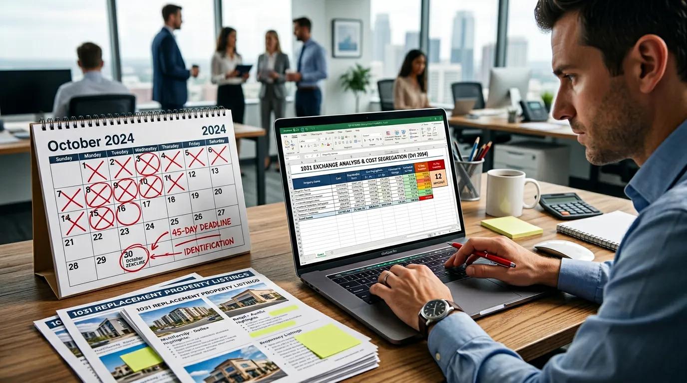 1031 exchange timeline calendar showing 45-day identification period with replacement property analysis documents and cost segregation comparison