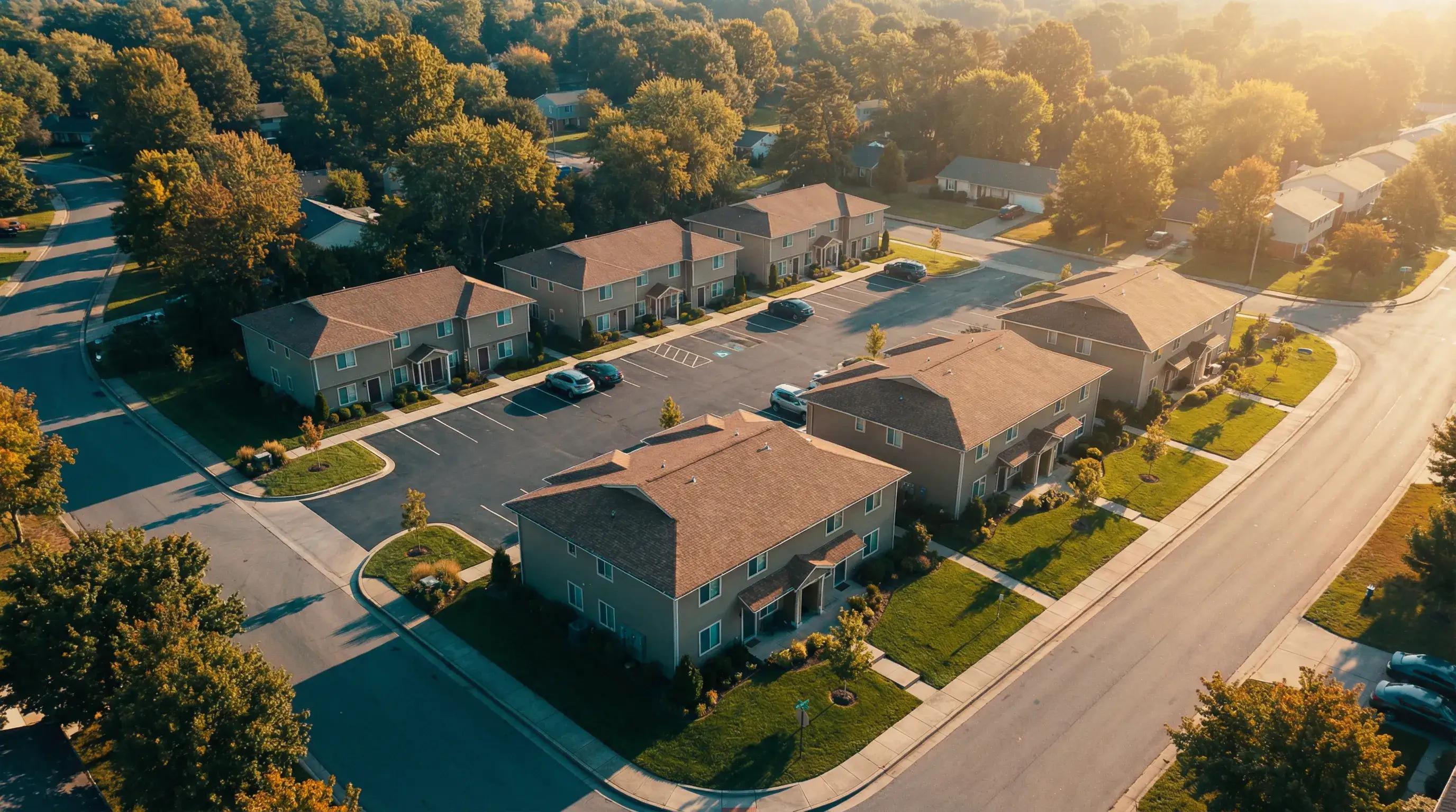 Aerial view of small apartment complex for affordable cost segregation for rental properties