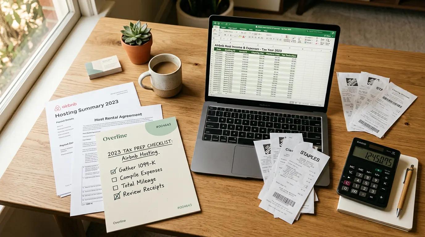 Organized desk with Airbnb host tax documents, receipts, and laptop showing short-term rental tax write-offs for 2026