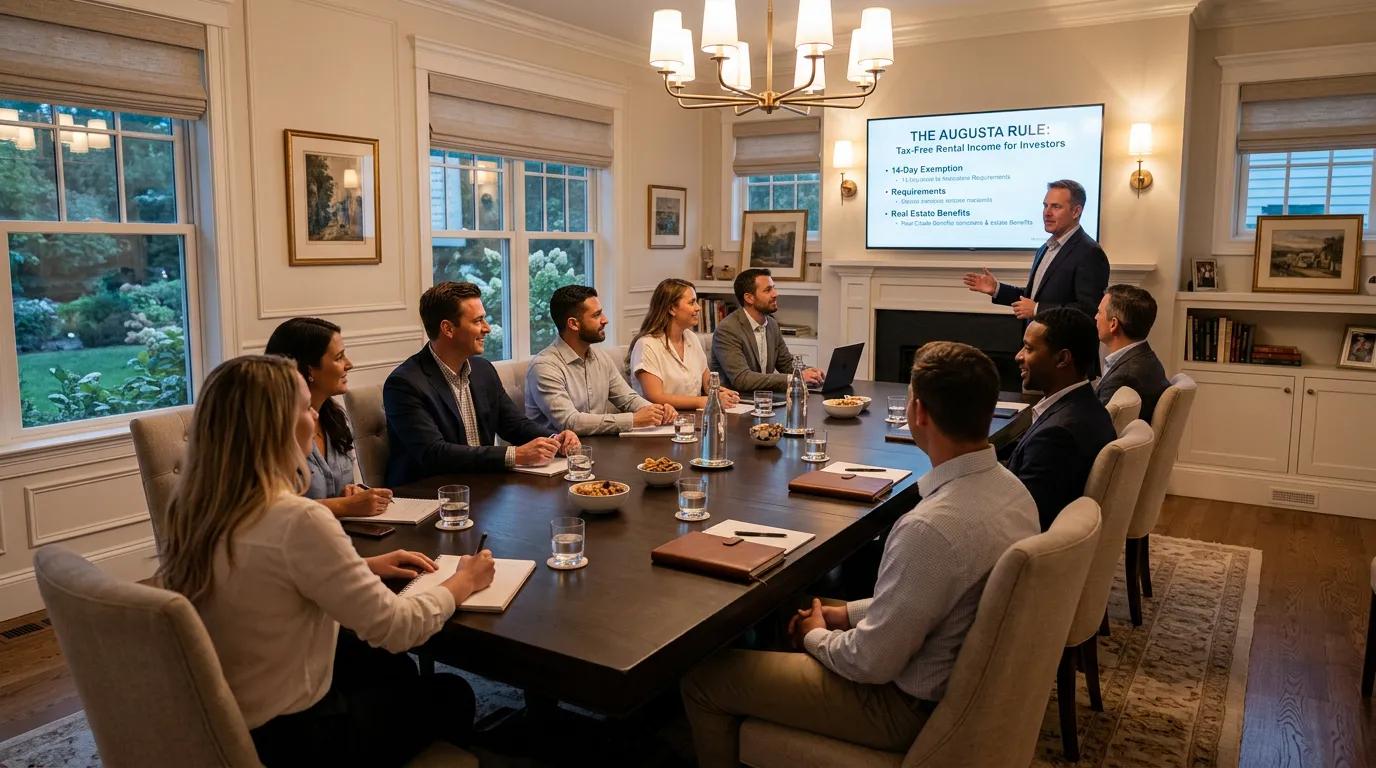 Business meeting in a home setting with Augusta Rule IRC 280A tax-free rental income documentation and calculations