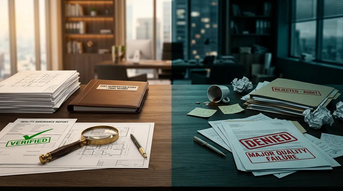 Contrasting professional and damaged documents with magnifying glass representing bad cost segregation study horror stories