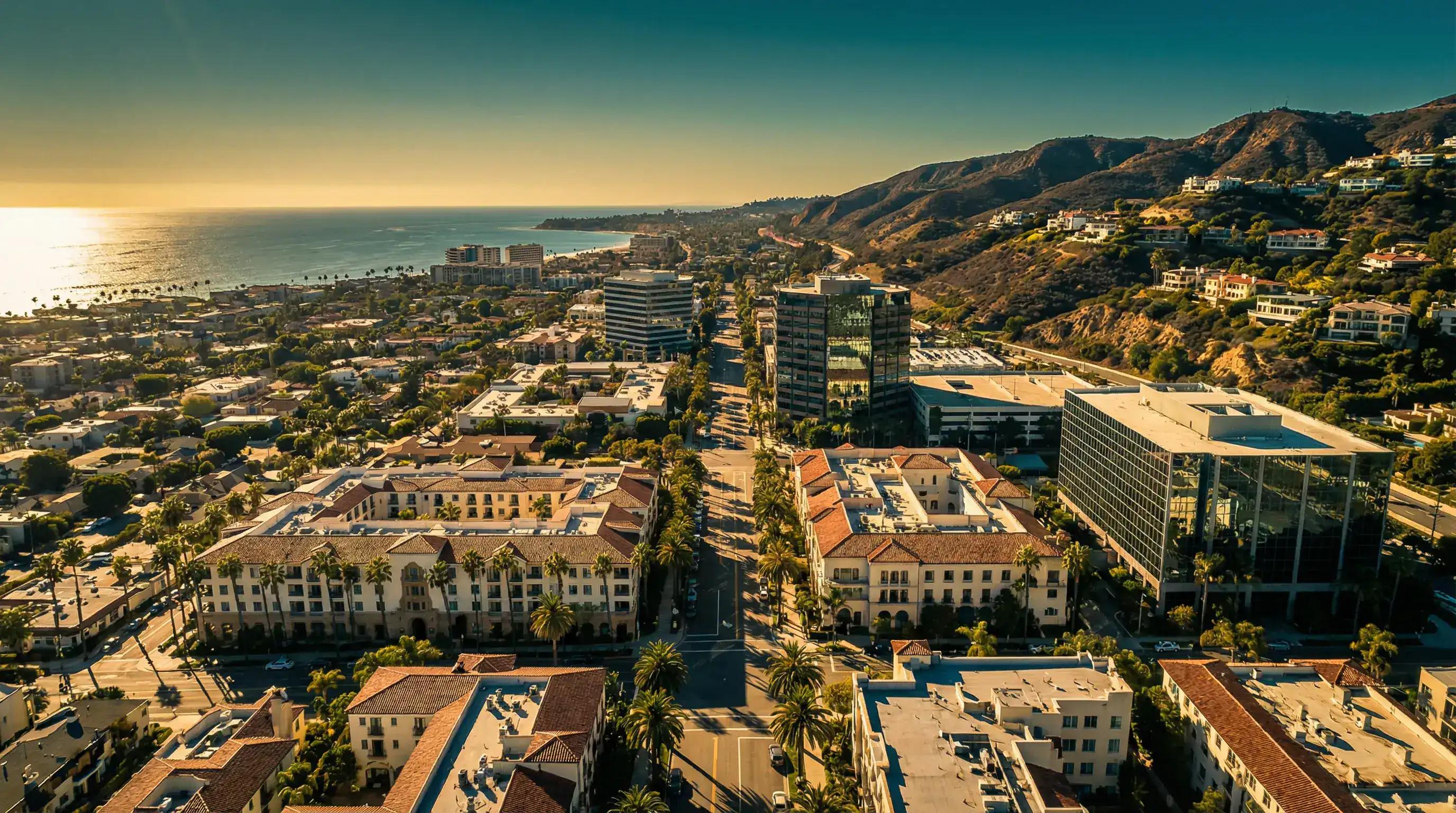 Aerial view of Southern California coastal city at golden hour for California tax strategies