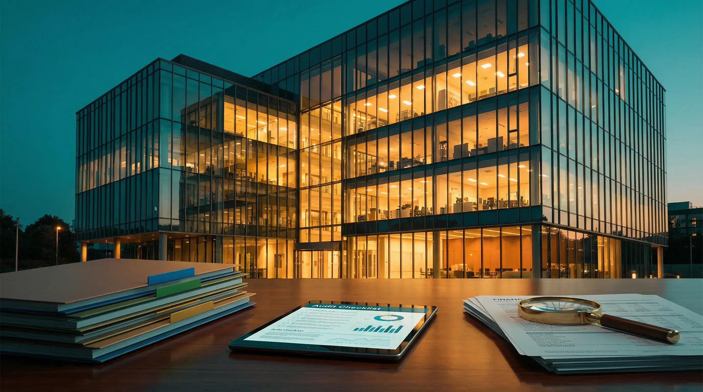 Modern office building at twilight with audit checklist and documents for cost segregation audit risk