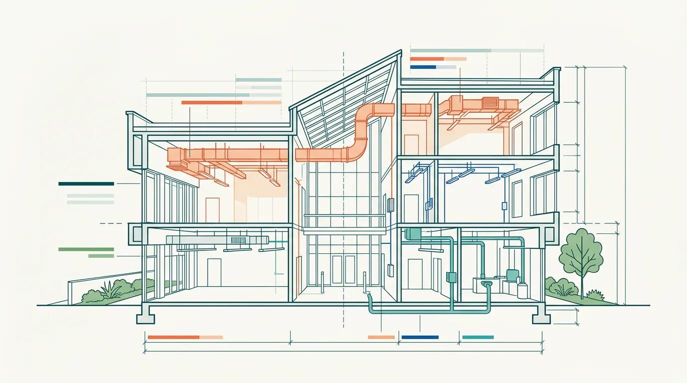 Architectural cross-section with data visualization overlay showing cost segregation asset allocation benchmarks across property types