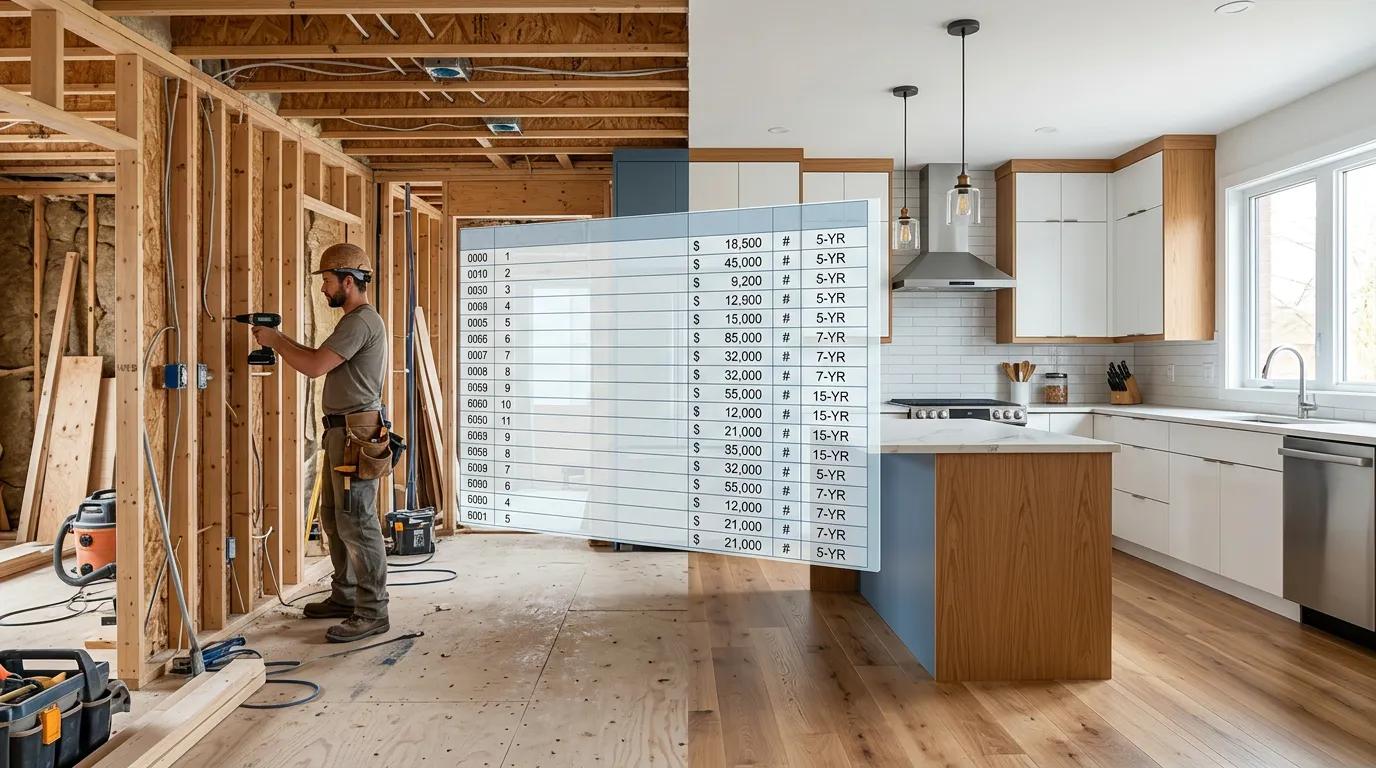 Construction site with renovation cost tracking spreadsheet and MACRS depreciation categories overlaid showing 5-year, 15-year, and 27.5-year property classifications