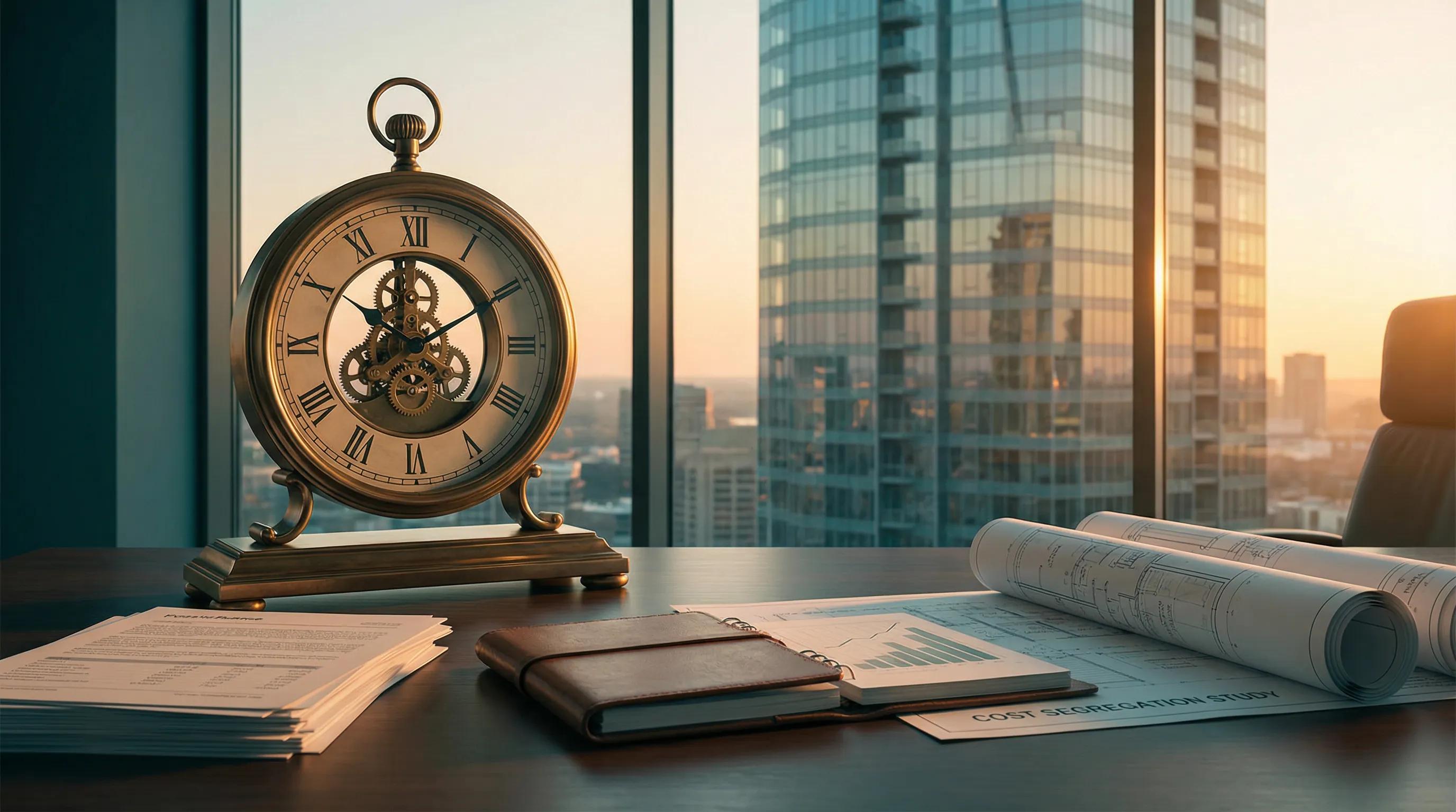 Clock and financial documents at golden hour representing cost segregation timing strategy