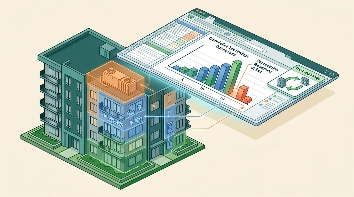 Real estate investor analyzing depreciation recapture scenarios on financial models with property portfolio overview