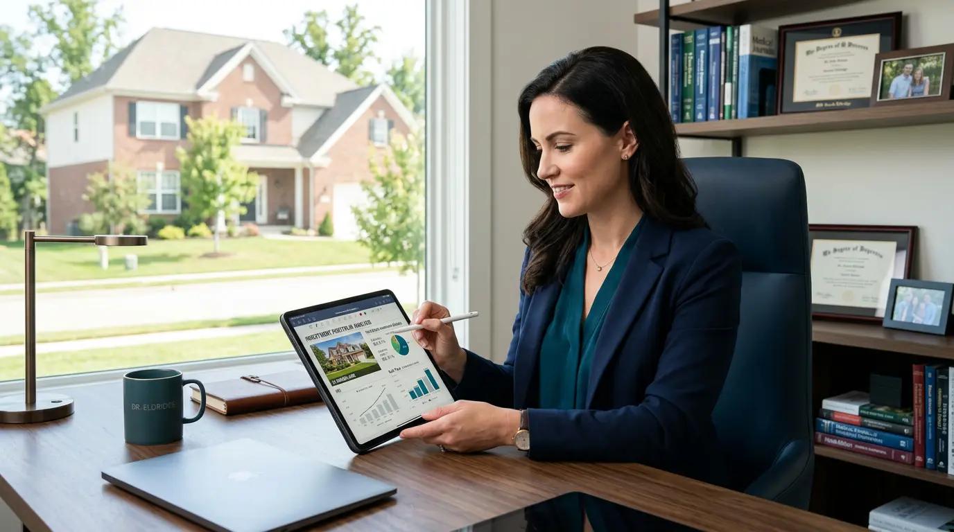 Physician reviewing real estate investment documents and cost segregation tax savings analysis on tablet