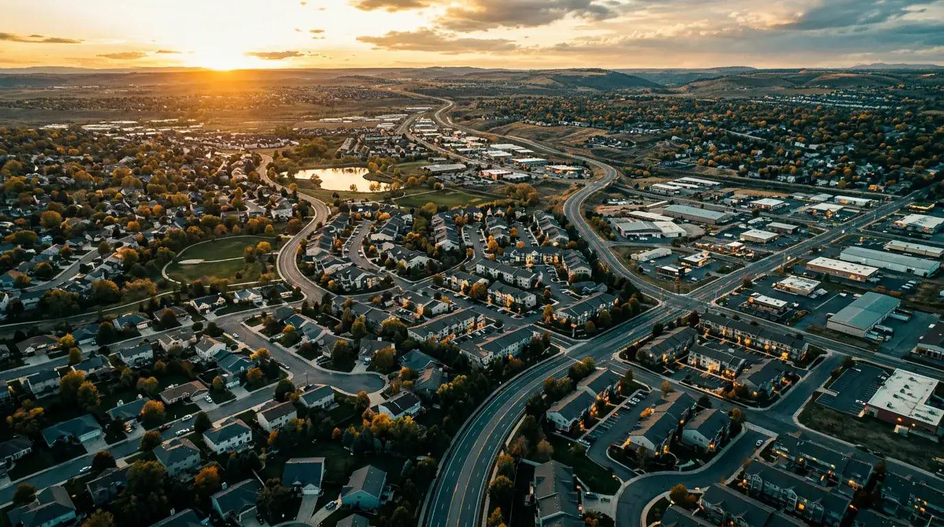 Aerial view of diverse American neighborhoods and commercial properties representing cost segregation pricing by state