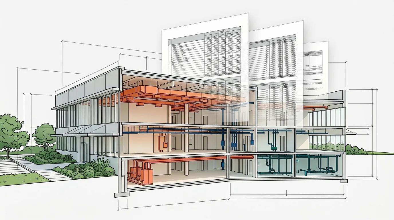 Architectural cross-section with annotated engineering report pages showing cost segregation report components and depreciation schedules