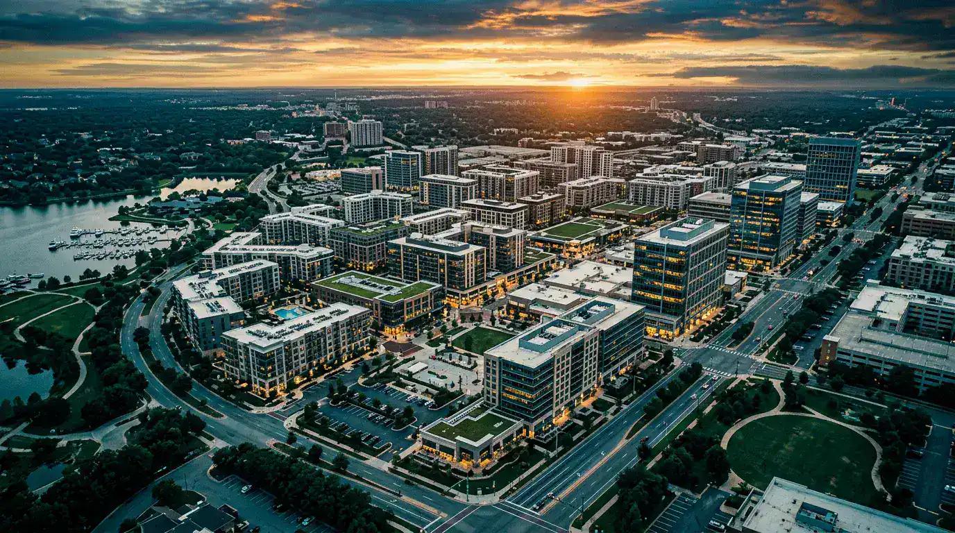 Aerial view of mixed-use real estate development at golden hour representing cost segregation ROI after bonus depreciation restoration