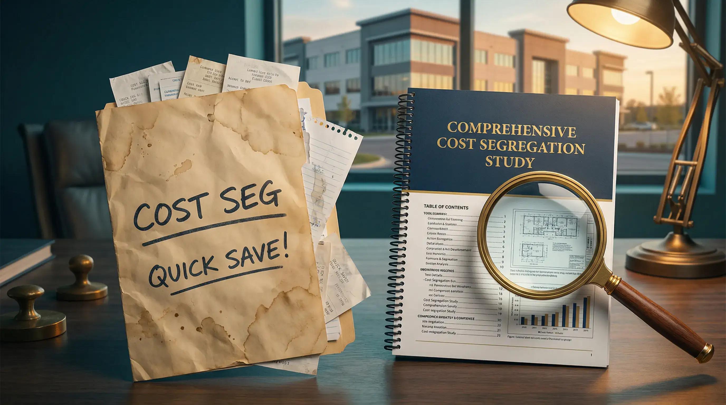 Contrasting professional and unprofessional documents with magnifying glass for cost segregation scams vs legitimate