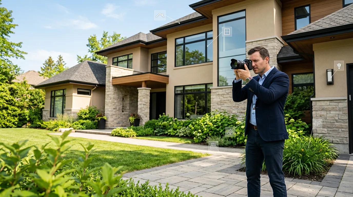Property inspection camera viewfinder showing building exterior with overlay markers identifying cost segregation components like paving, landscaping, and exterior lighting