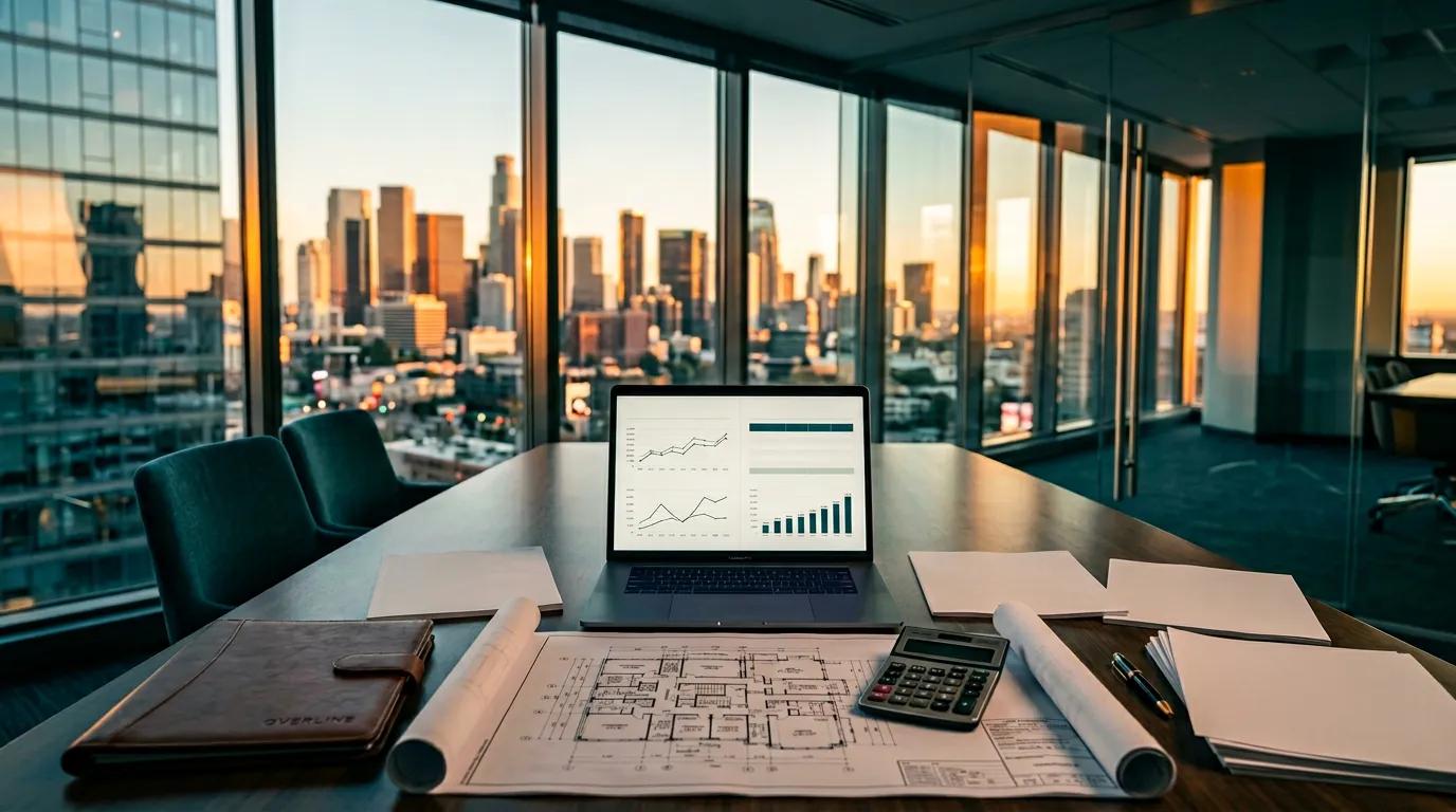Modern office with financial comparison documents and property blueprints representing cost segregation study pricing benchmarks