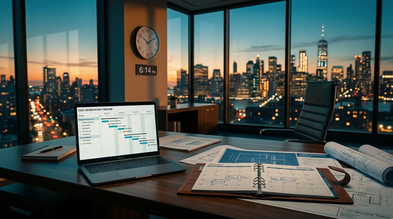 Modern office with timeline charts and property documents representing cost segregation study turnaround time benchmarks
