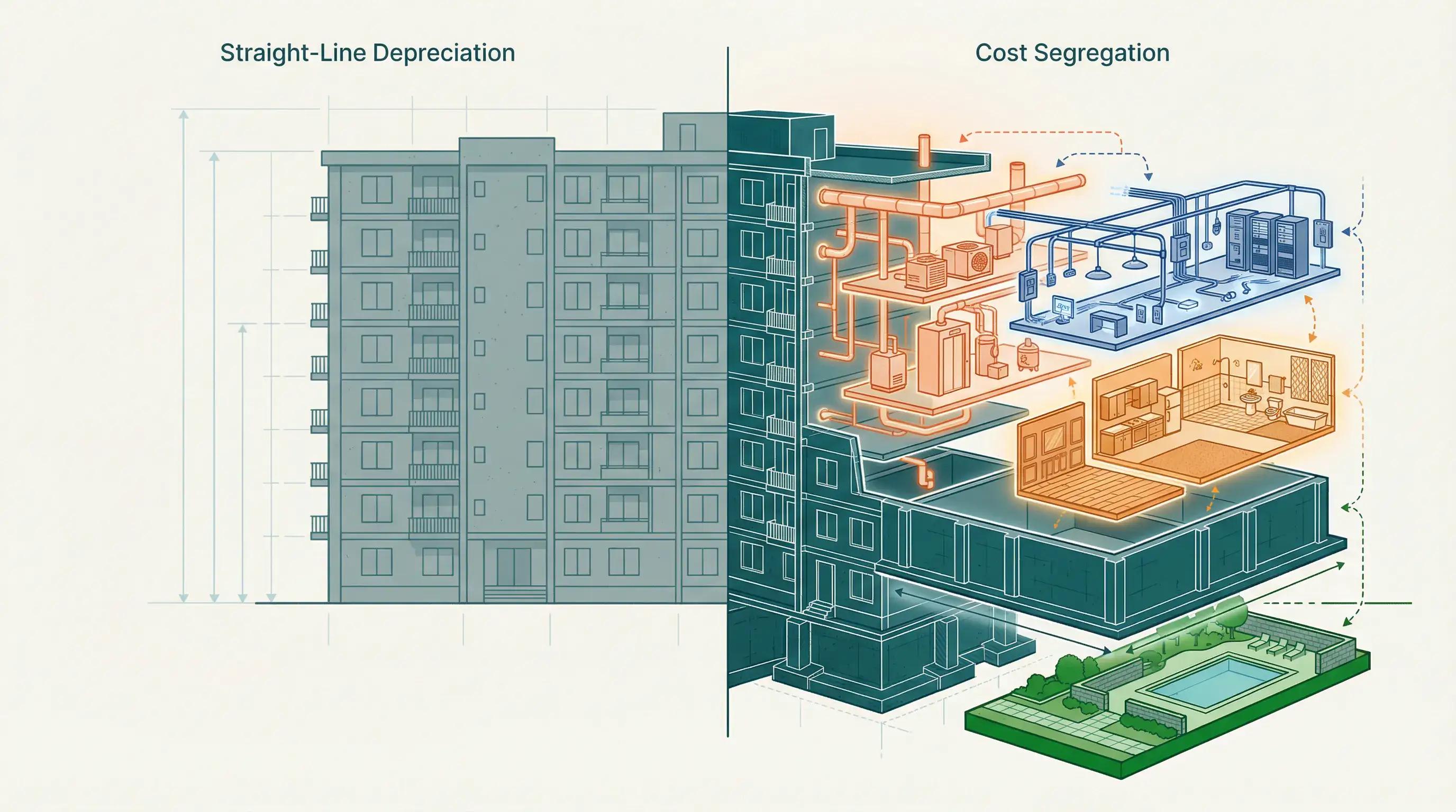 Architectural split-view comparing straight-line depreciation vs cost segregation component breakdown for real estate