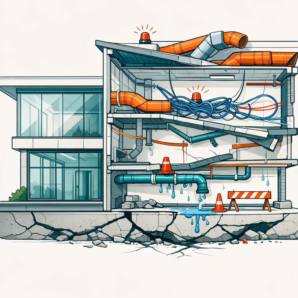 Architectural cross-section showing misaligned building components representing entity structure failure in cost segregation