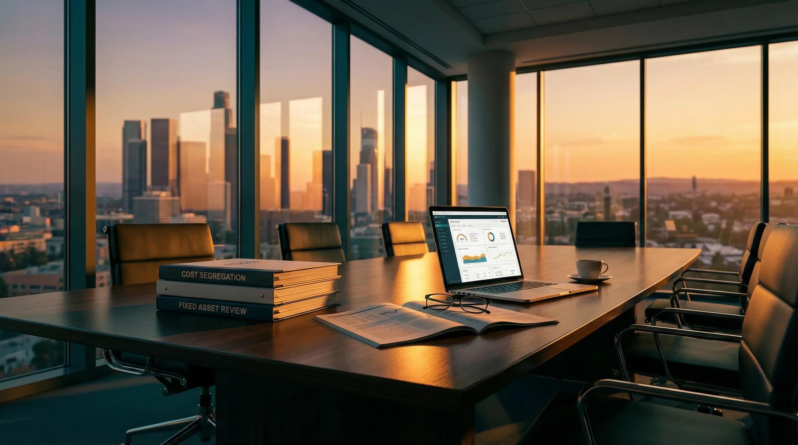 Modern conference room with cost segregation reports and city view for CPA fixed asset review guide