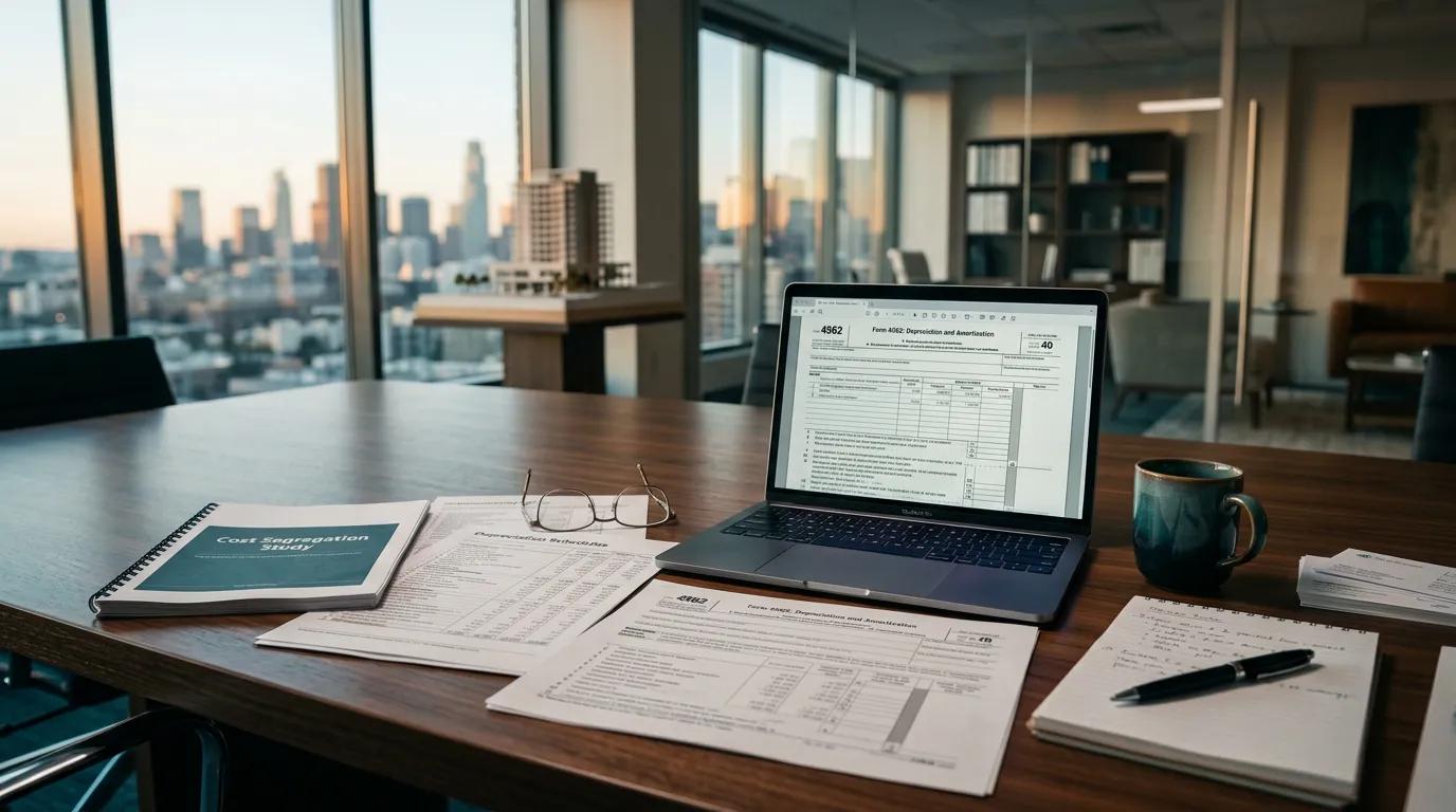 Modern office interior with tax documents and depreciation schedules on conference table representing CPA guide to cost segregation reports