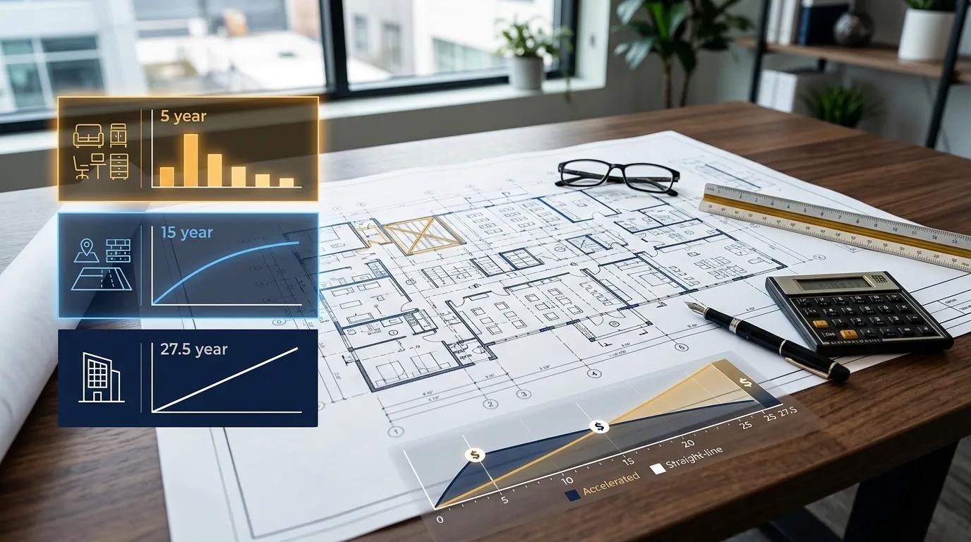 Engineering blueprints with construction cost data and MACRS depreciation schedule overlay showing the cost segregation study process
