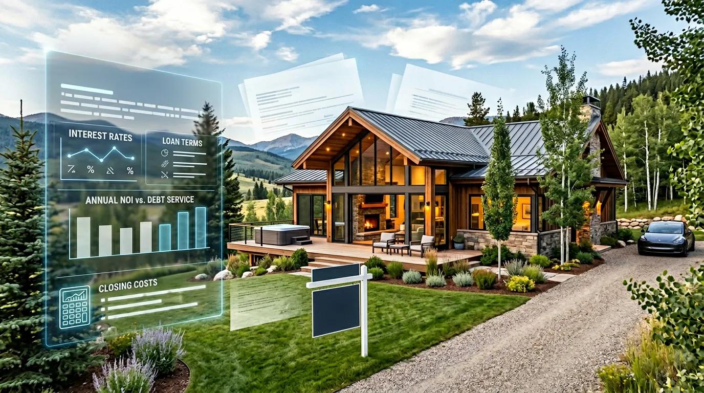 Investor reviewing DSCR loan application documents alongside short-term rental property financial projections and debt service coverage calculations