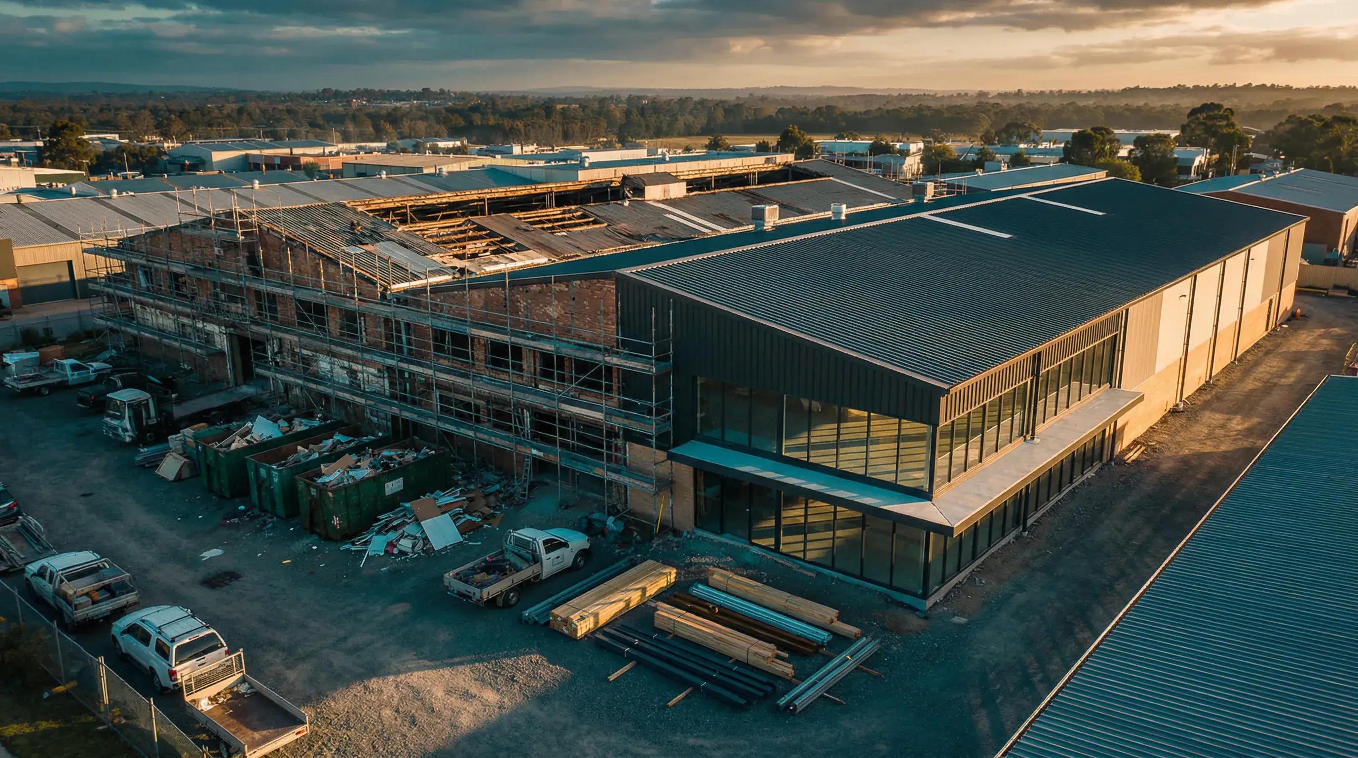 Aerial view of commercial building undergoing renovation for hidden renovation tax strategy
