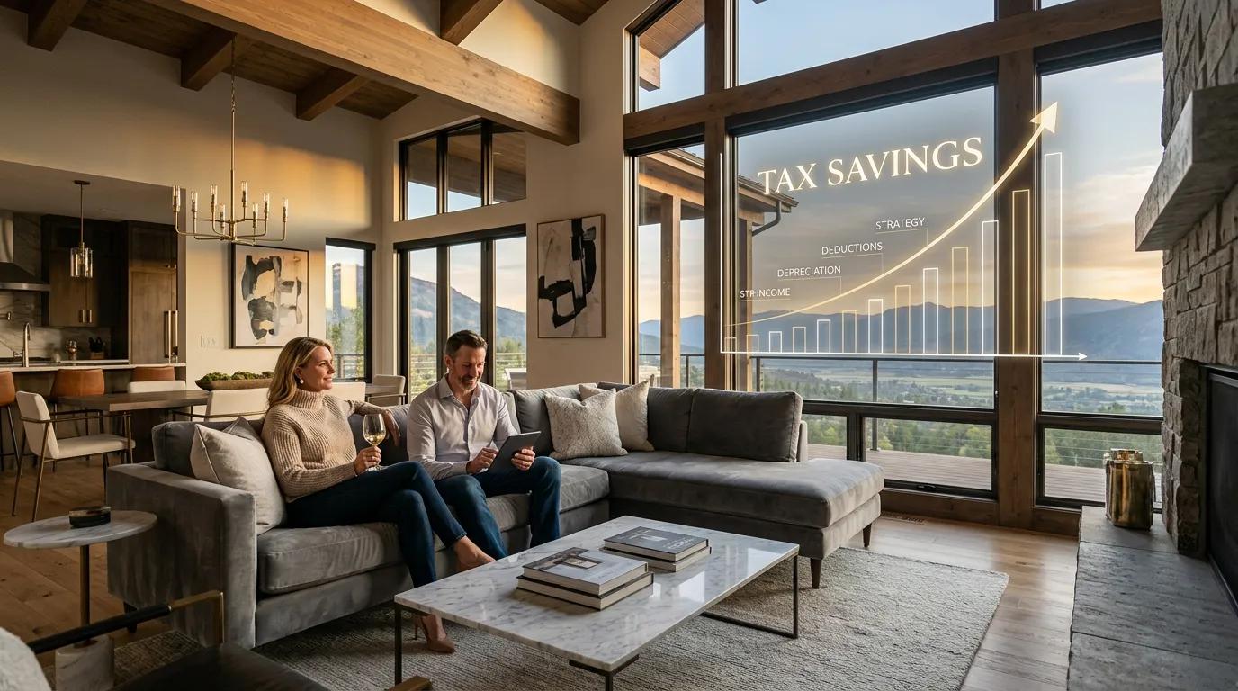 Luxury short-term rental property with financial analysis documents showing high-income W-2 tax offset strategy