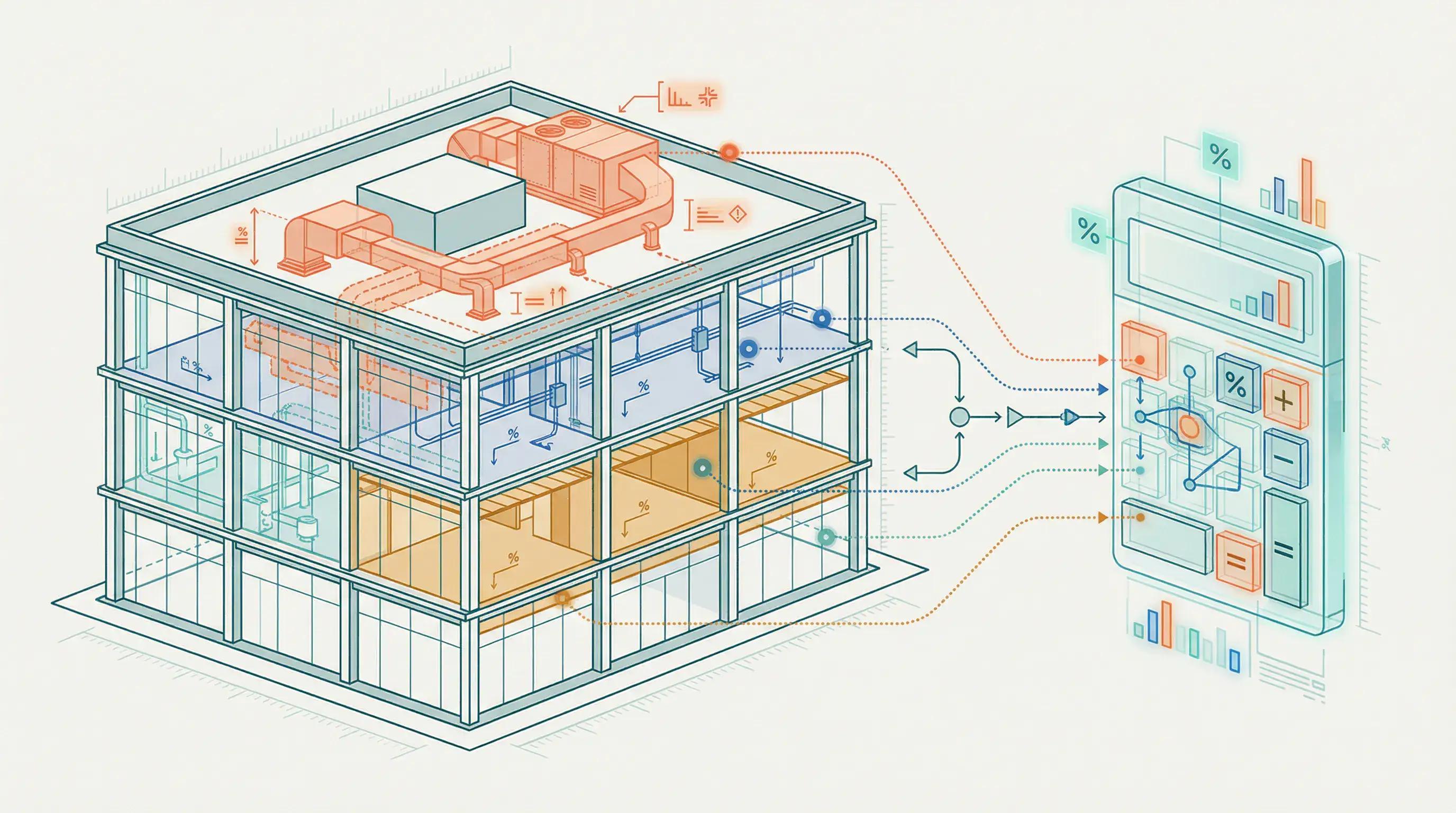 Architectural cross-section with measurement callouts and calculation indicators for cost segregation calculator