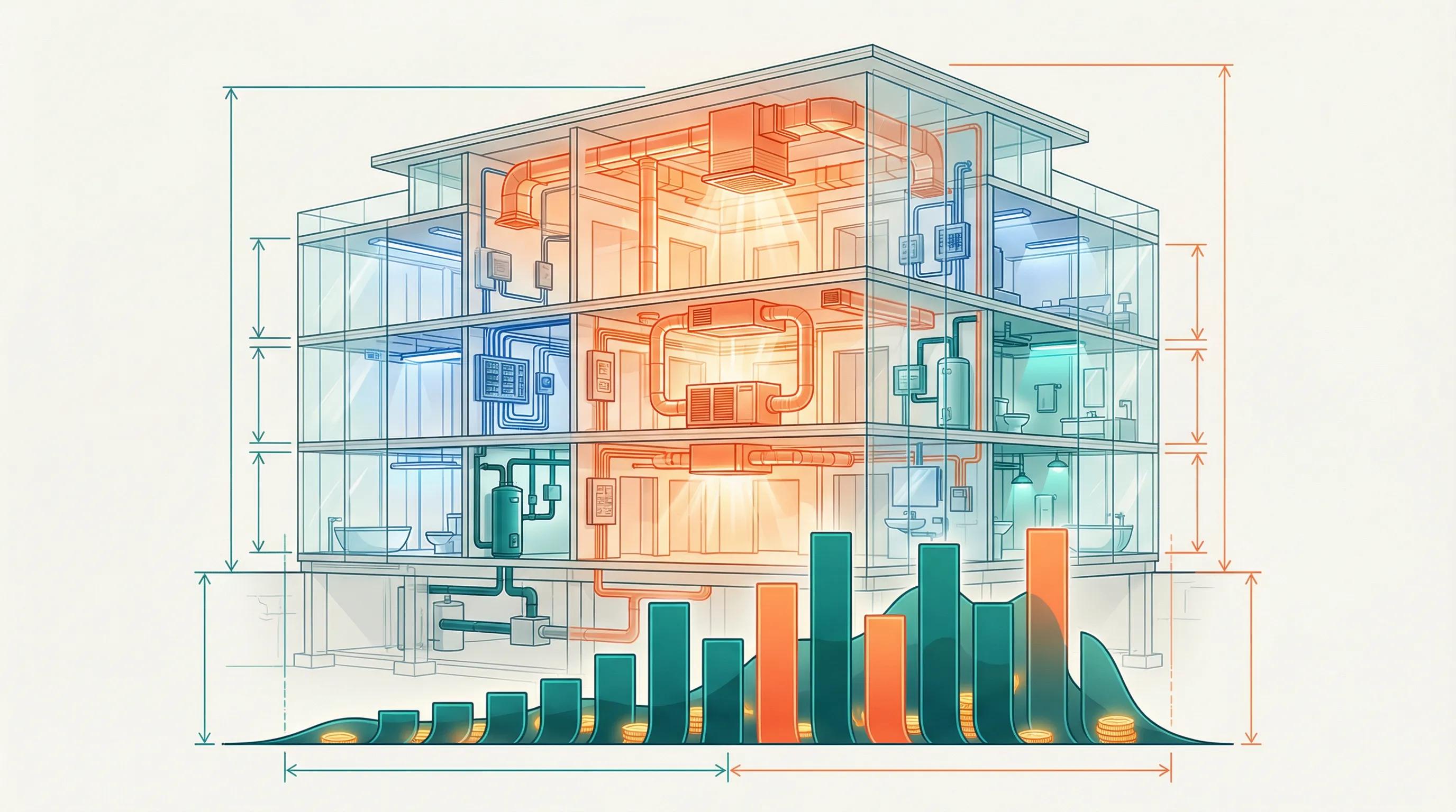 Architectural cross-section of multifamily building with component savings chart for cost segregation analysis