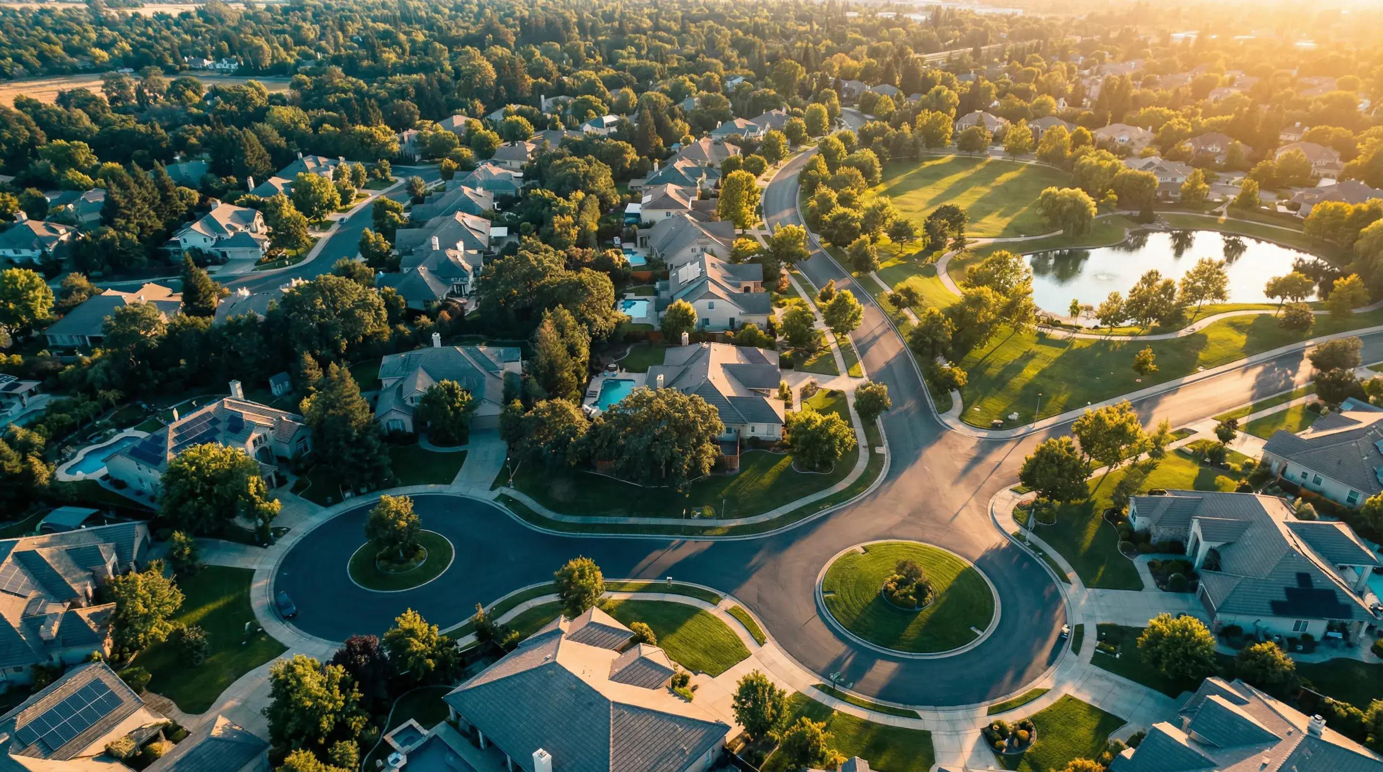 Aerial view of upscale residential community at golden hour for individual and family tax planning strategies