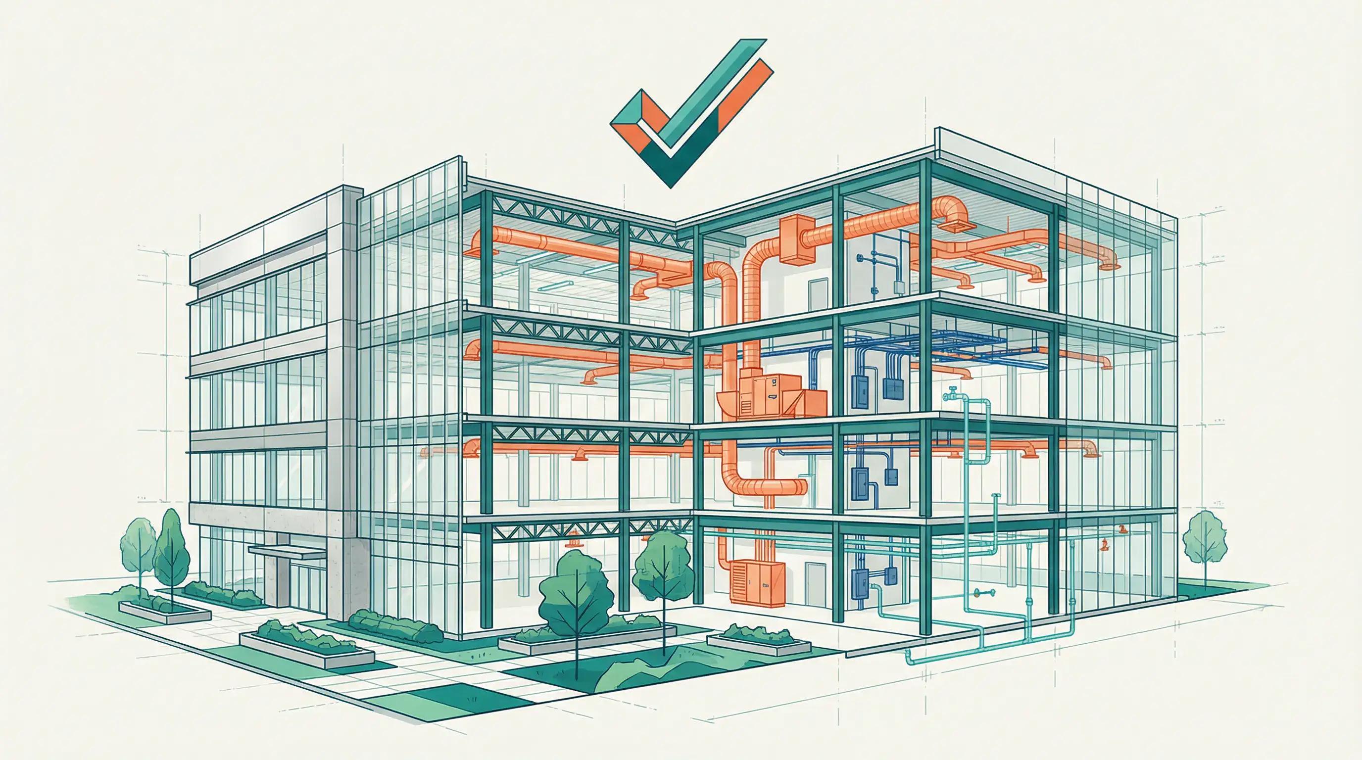 Architectural cross-section of commercial building showing HVAC and electrical systems for cost segregation ROI decision framework