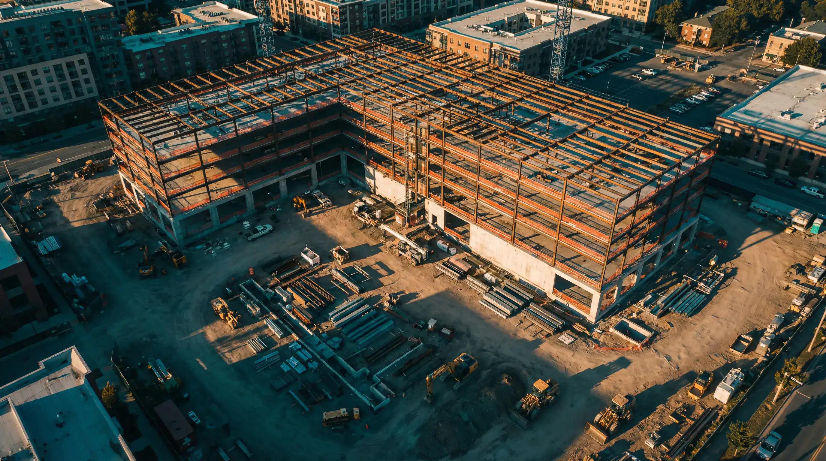 Aerial view of active construction site with steel framework for January 19 bonus depreciation deadline