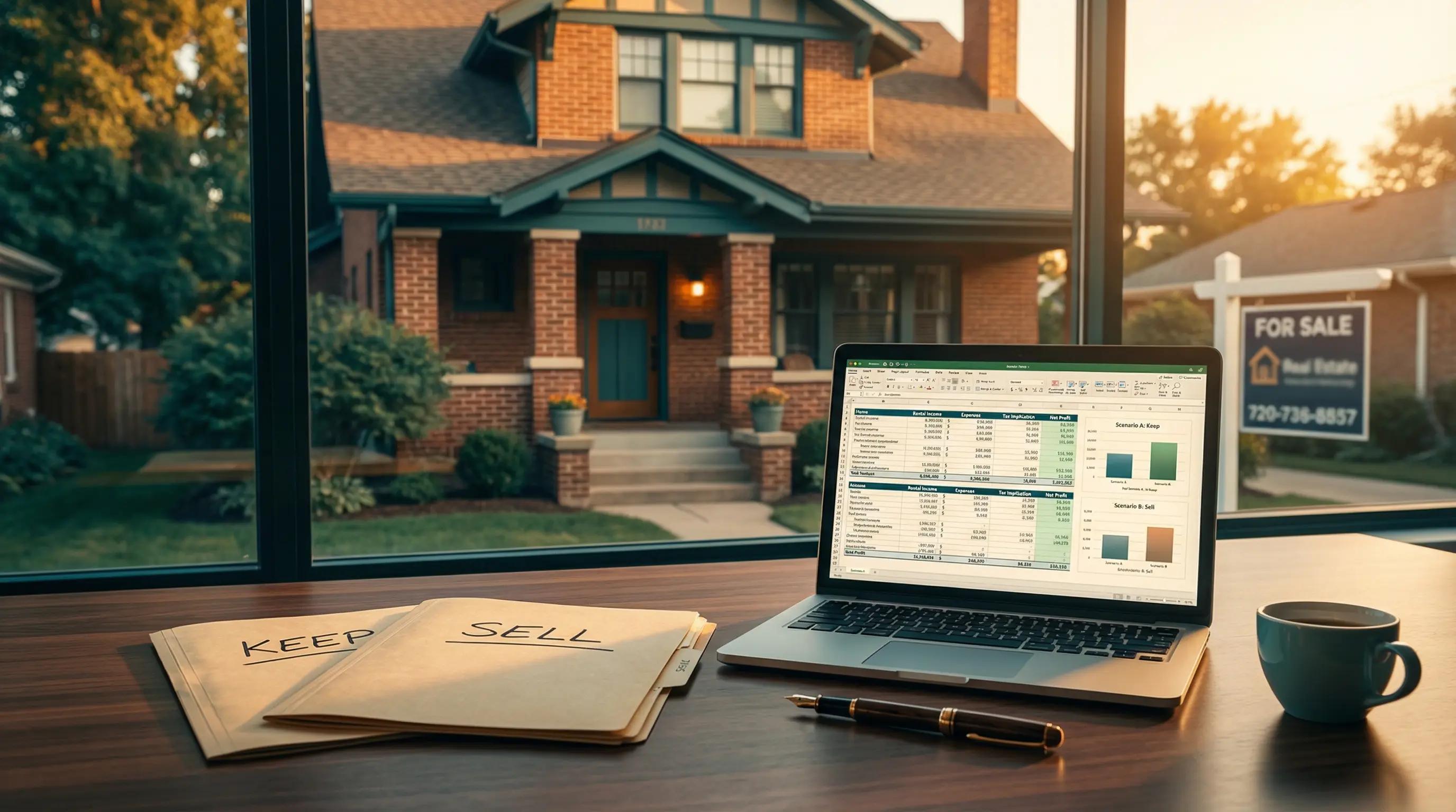 Rental property with KEEP and SELL folders and financial spreadsheet on desk representing keep vs sell rental property decision calculator