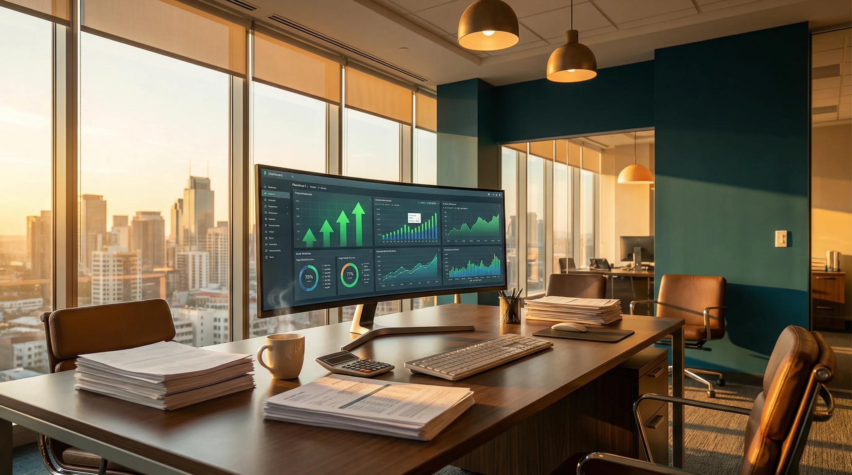 Modern office with financial dashboards and tax documents for commonly used tax saving strategies