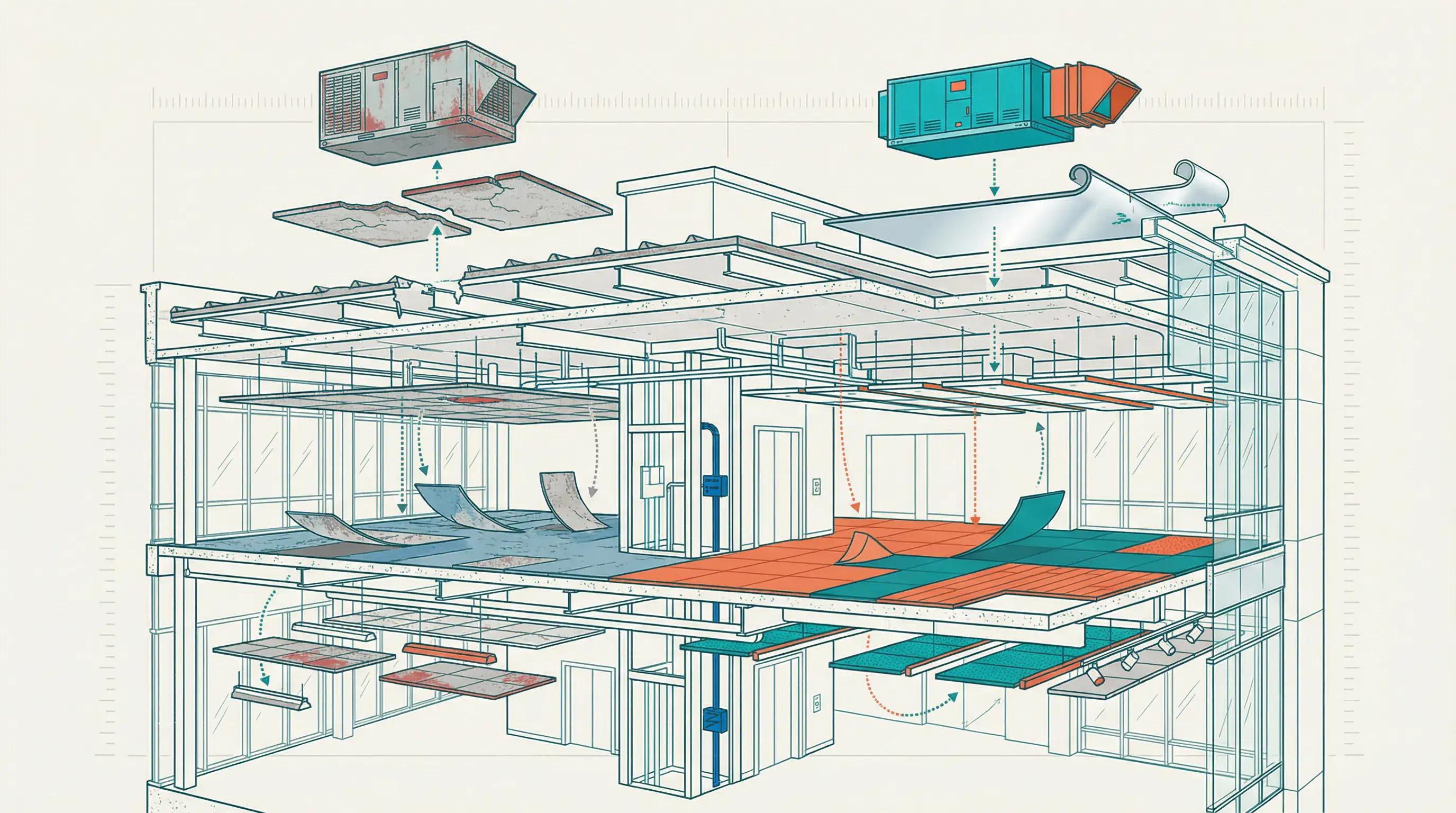 Architectural cross-section showing old components being replaced for partial asset disposition tax strategy