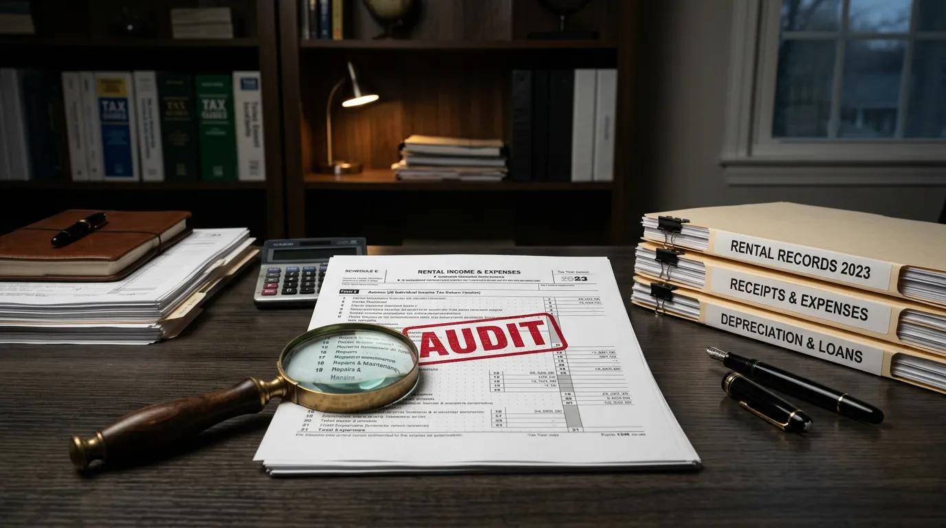 IRS audit notice with rental property tax return showing common red flags and documentation requirements