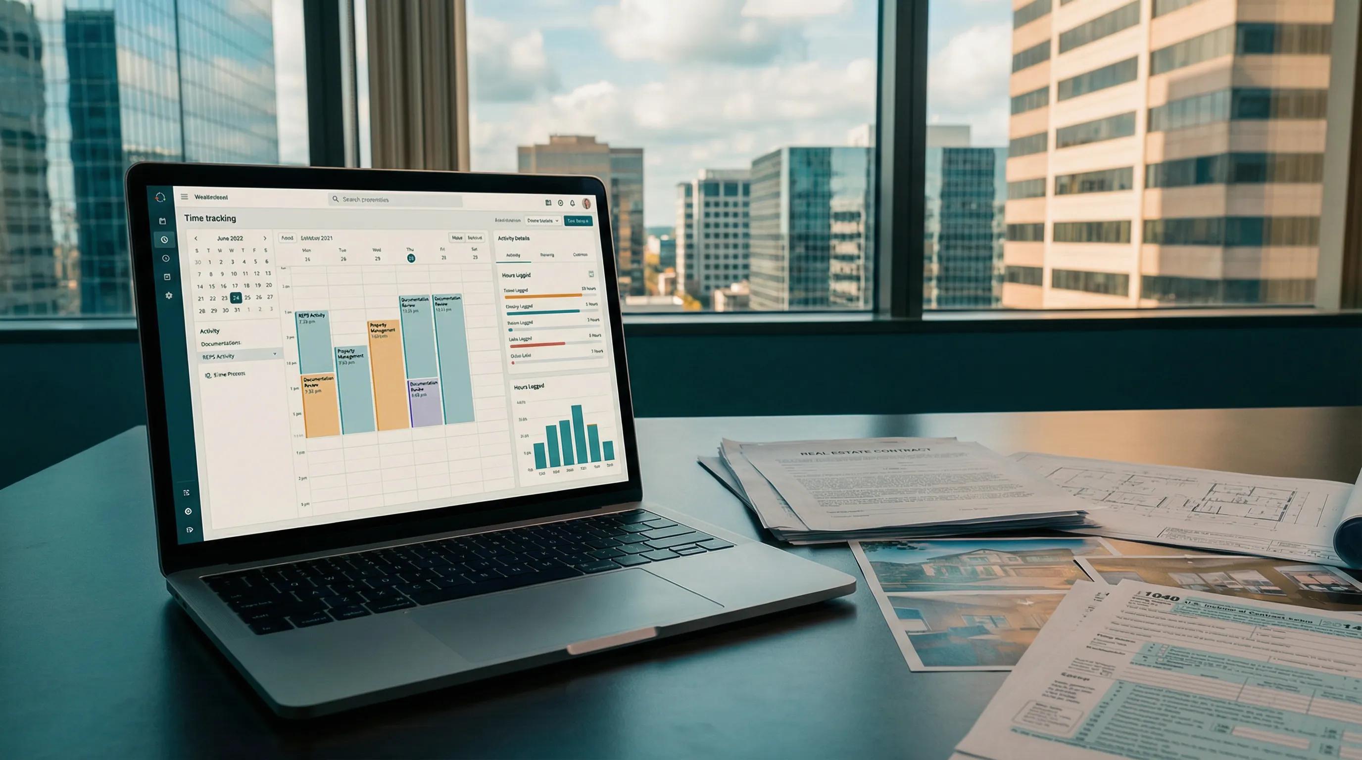 Laptop showing time tracking app with real estate documents for REPS hour tracking IRS audit proof