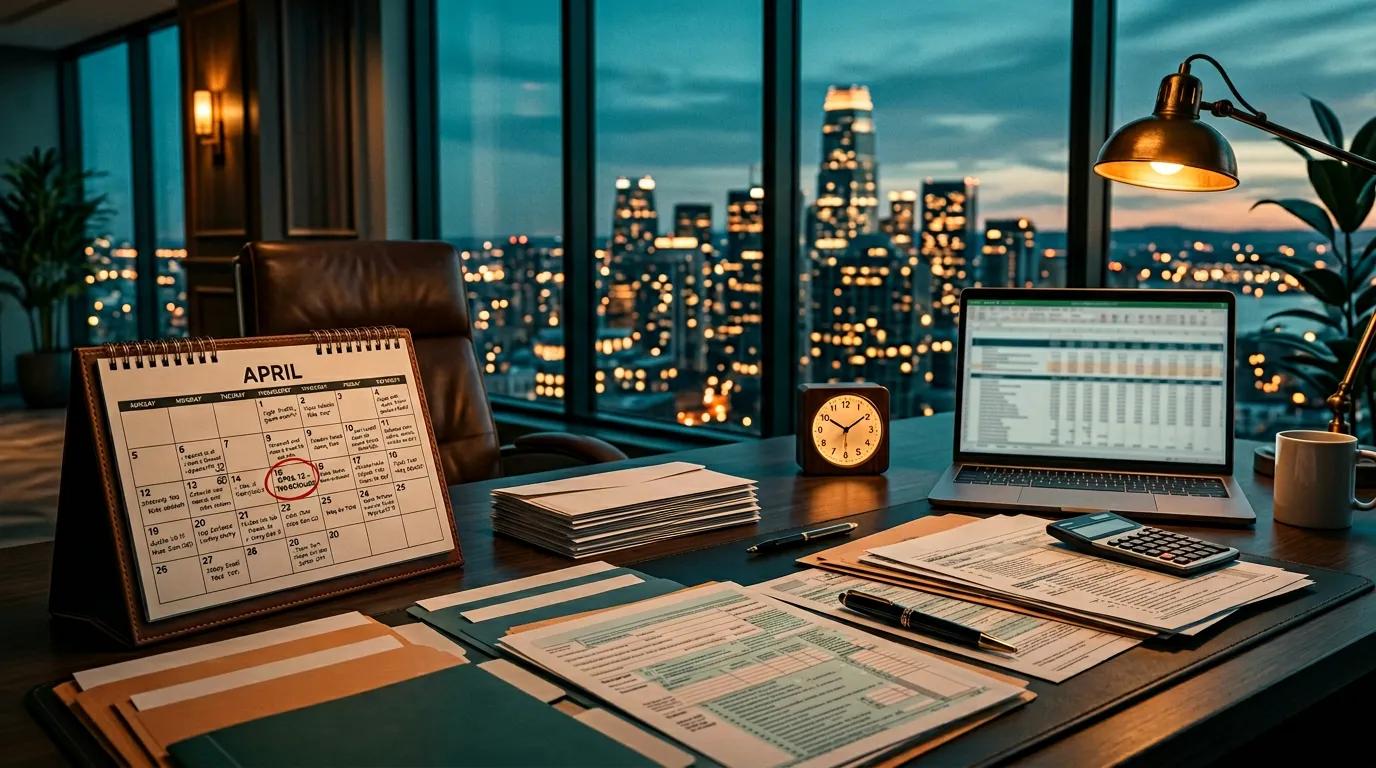 Tax filing desk with calendar showing April deadline and real estate documents representing REPS tax season mistakes to avoid