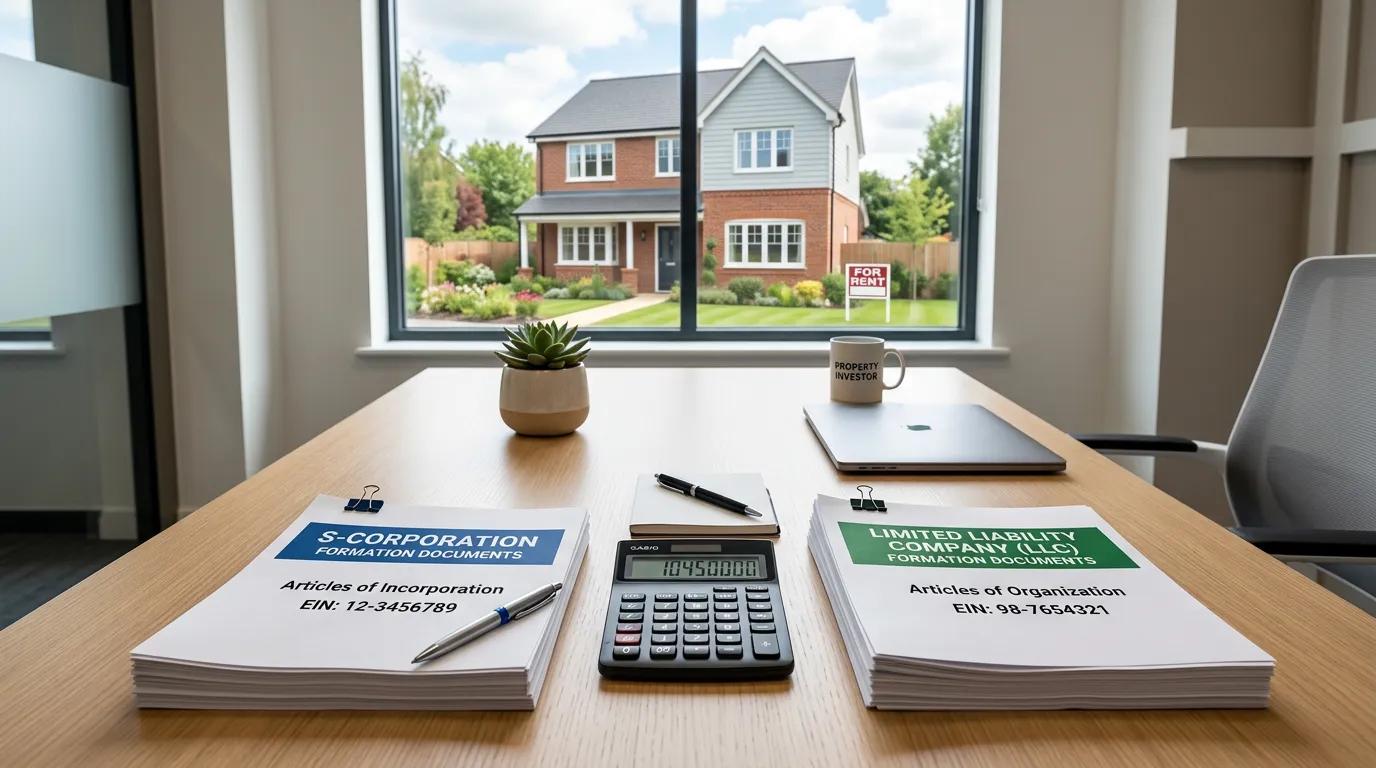 Business entity structure comparison documents showing LLC vs S-Corp tax implications for rental property investors