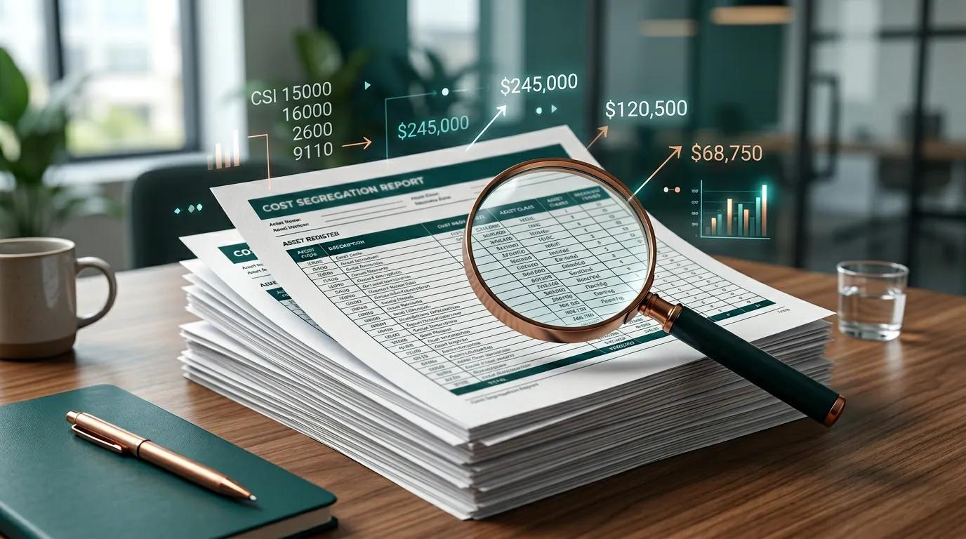 Professional cost segregation report pages showing asset register tables, CSI codes, and RS Means pricing data with engineering documentation
