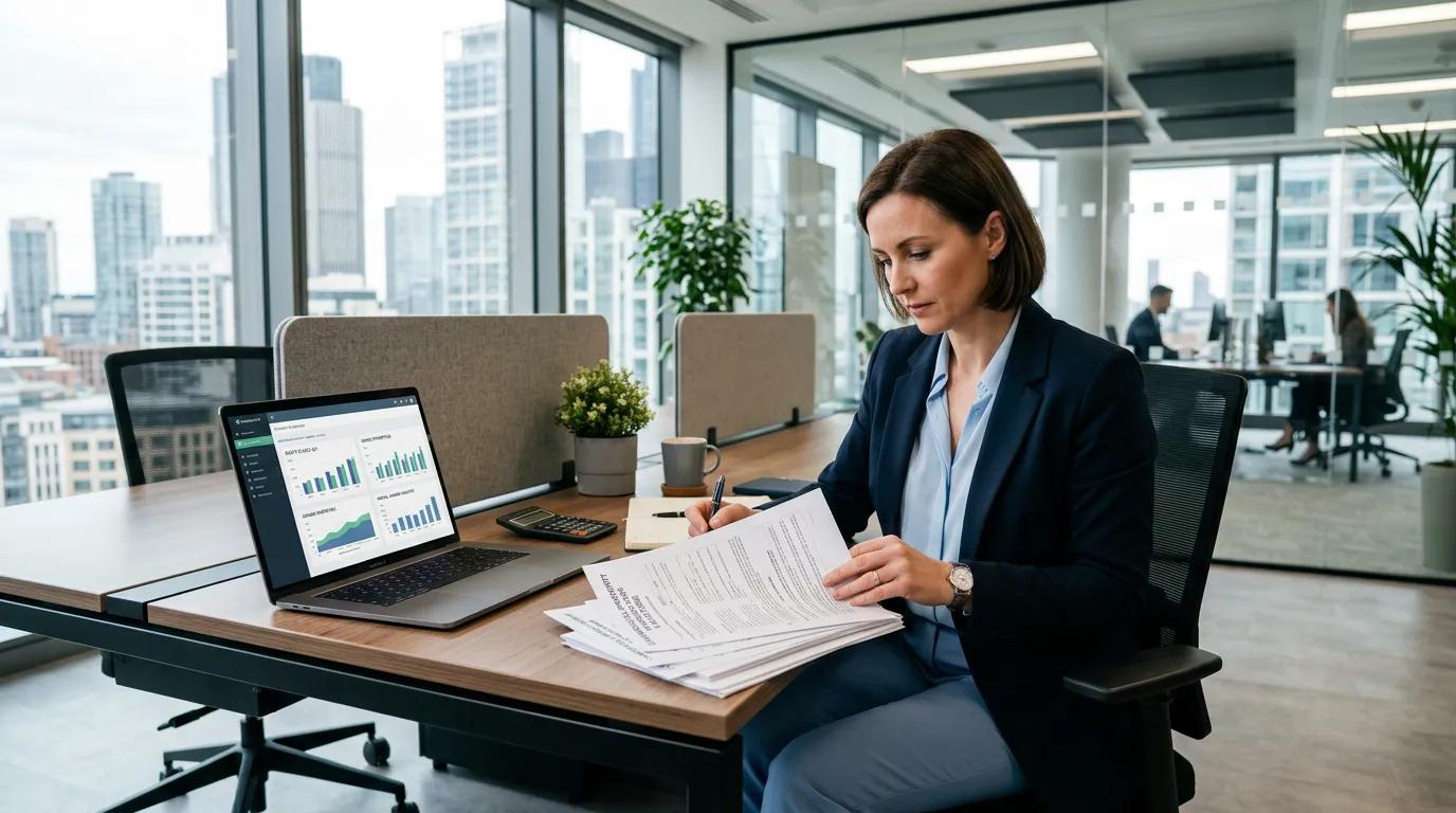 Business owner reviewing self-charged rental rule documents with property depreciation calculations and cost segregation analysis