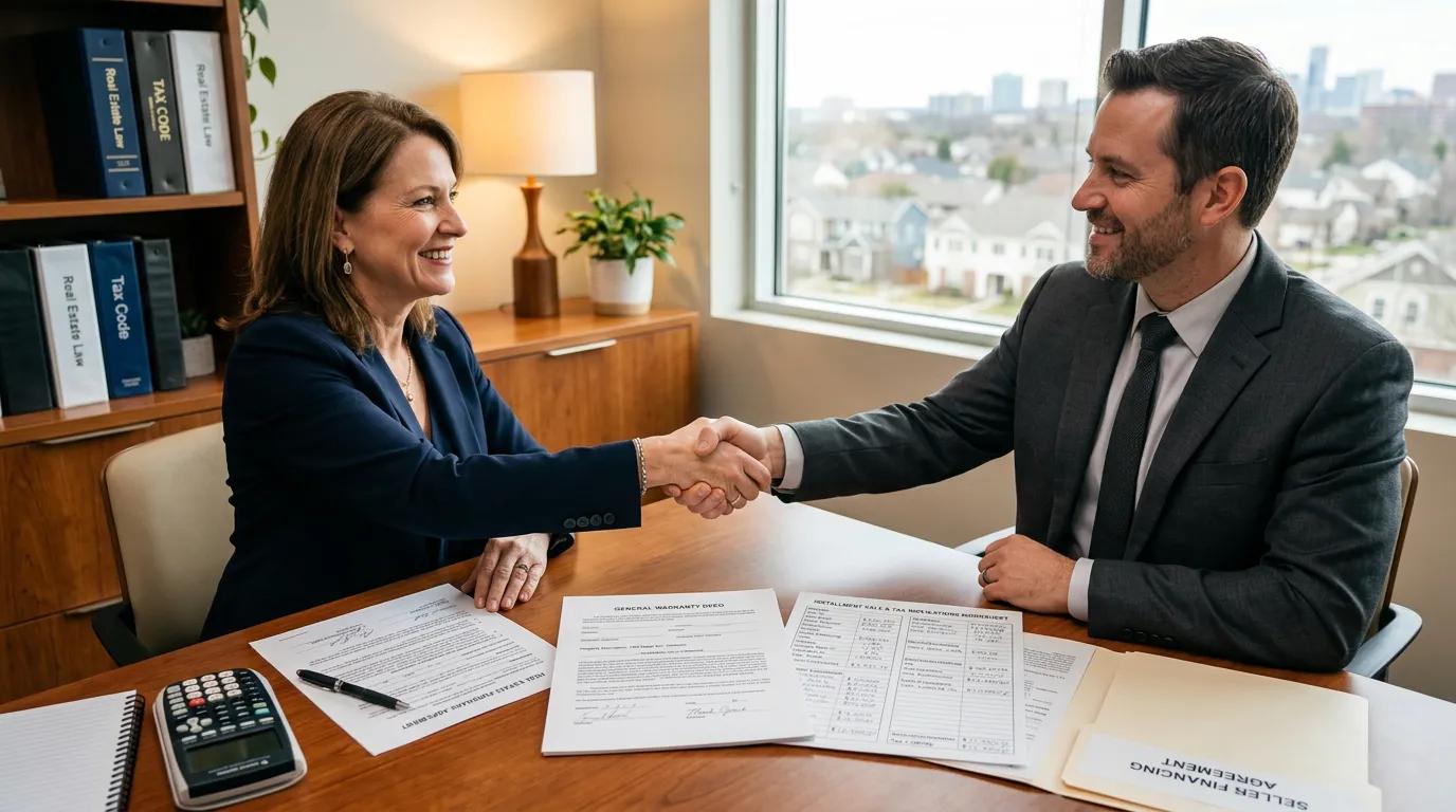 Seller financing agreement documents with installment sale tax calculations showing depreciation recapture analysis