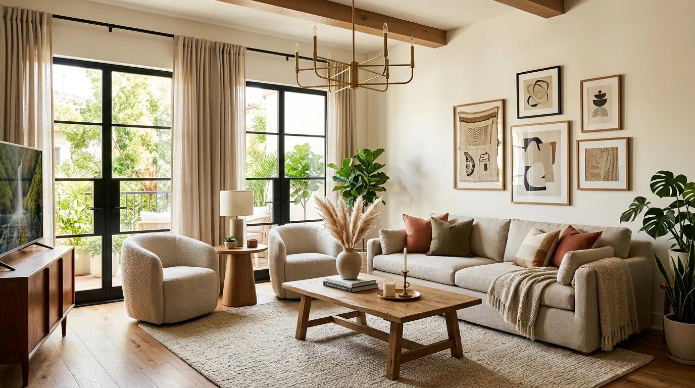 Professionally designed short-term rental living room with curated amenities and stylish decor illustrating ROI-driven property design decisions