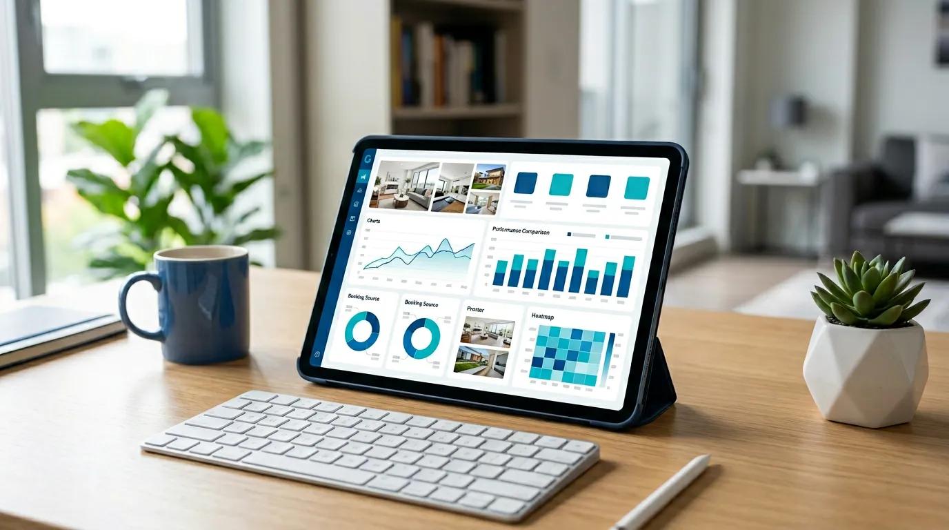 Laptop displaying short-term rental property analysis dashboard with revenue projections, occupancy charts, and tax savings estimates for STR investors