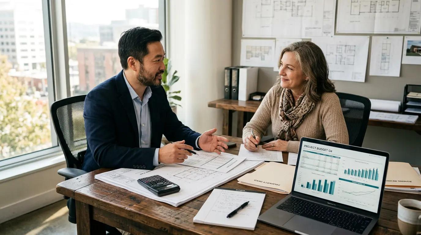 Engineer reviewing property documents with a homeowner at a desk, representing an honest cost segregation decision conversation
