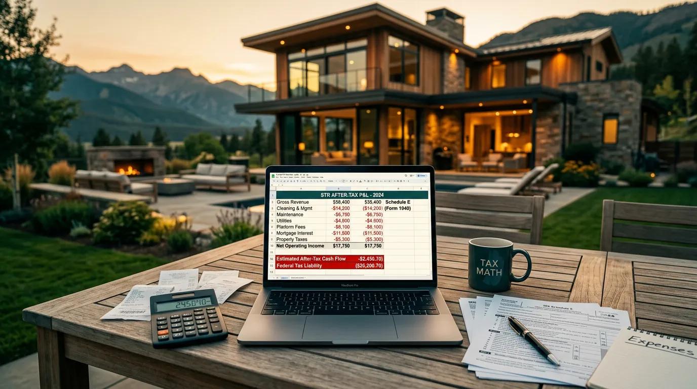Financial spreadsheet with Airbnb rental property documents showing real after-tax profit analysis for short-term rental investors