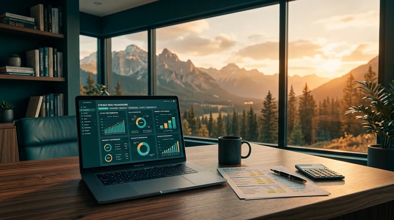 Investor reviewing short-term rental property listings with tax analysis overlay showing buy box criteria and cost segregation potential