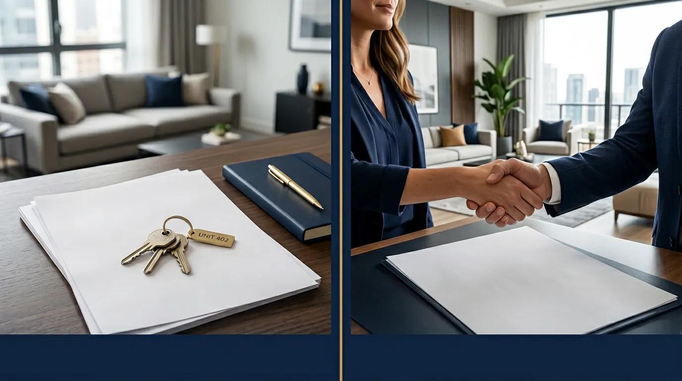 Split comparison showing a lease arbitrage contract and a property management agreement with financial data overlay for short-term rental operators