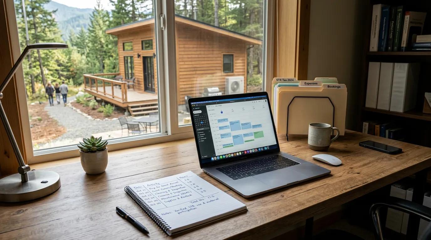 Short-term rental investor reviewing material participation hour logs and tax documents at a home office desk